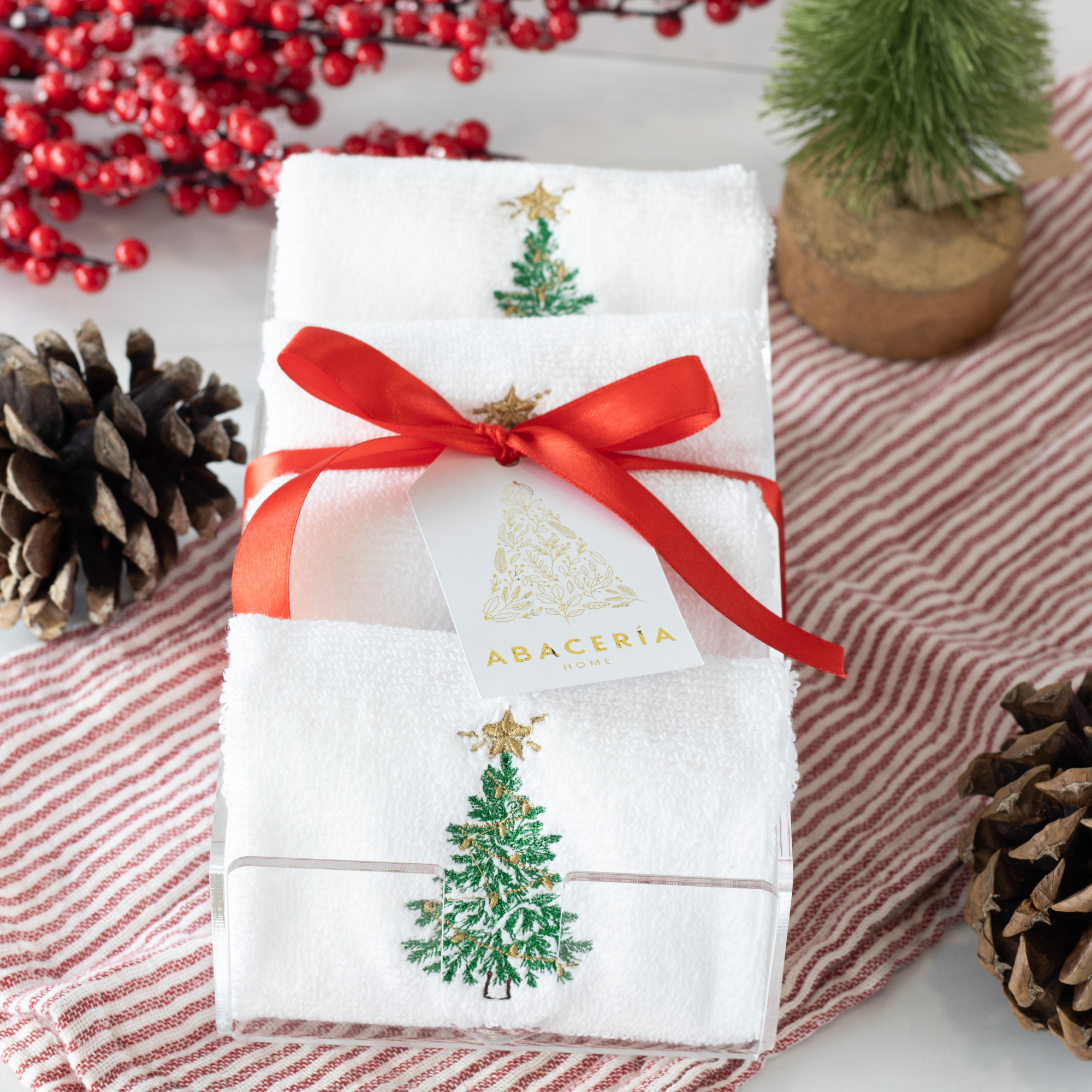 Christmas Tree Towels Set with Acrylic Tray