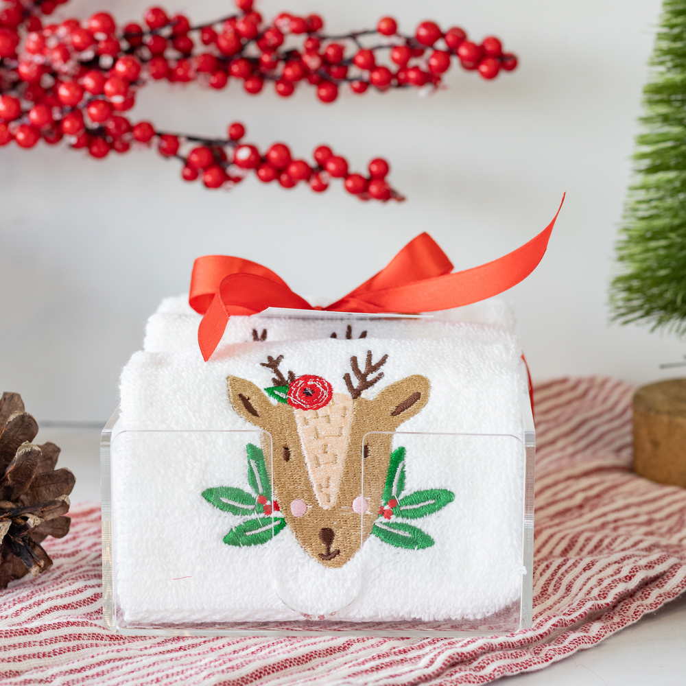 Reindeer Towels Set with Acrylic Tray